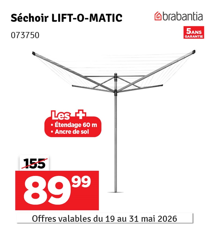 Séchoir parapluie Lift-O-Matic gris métallique 60 m avec ancre BRABANTIA